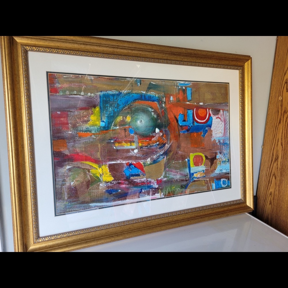 Original abstract painting framed matted glass